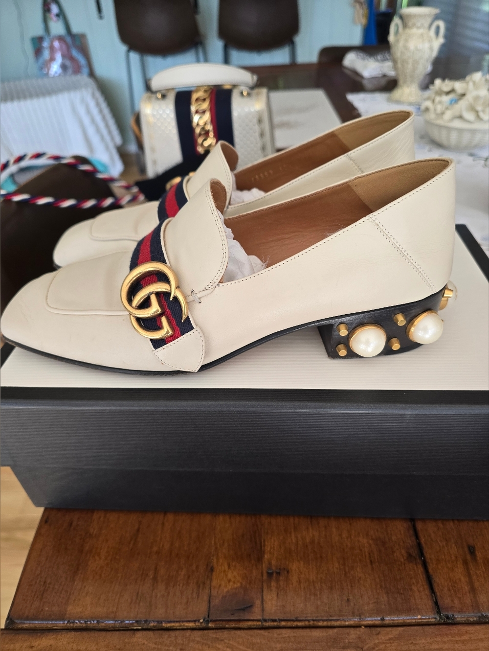 Gucci Ivory Leather Loafers with Pearl-Stud Heel & Web Stripe